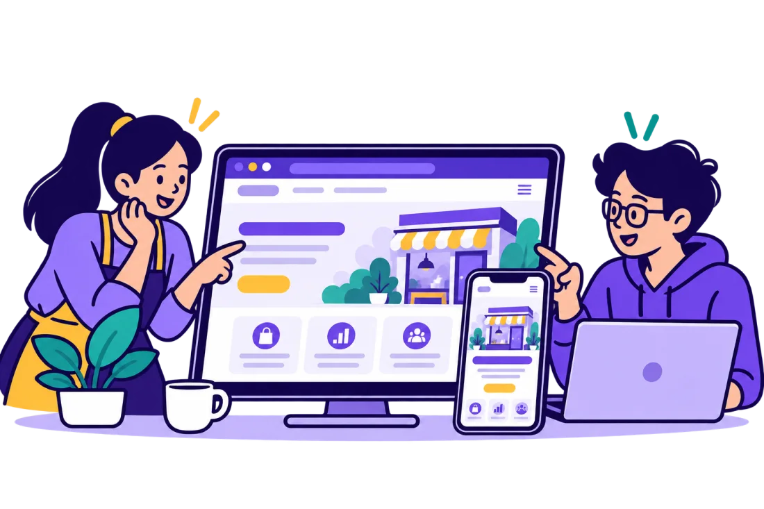 Pemilik usaha dan engineer membahas website toko yang tampil di desktop dan ponsel
