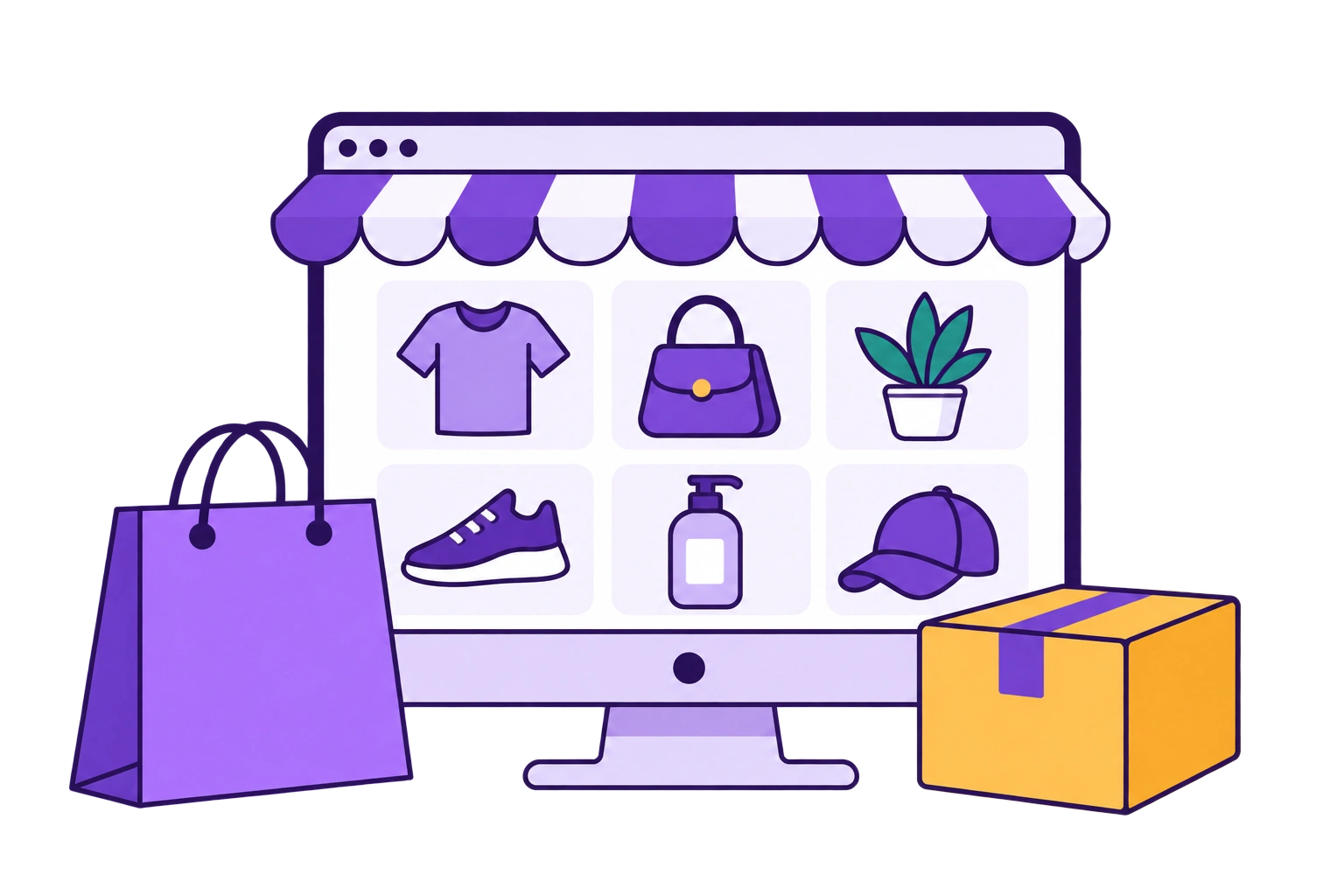 Ilustrasi toko online dengan katalog produk, keranjang belanja, dan paket pengiriman