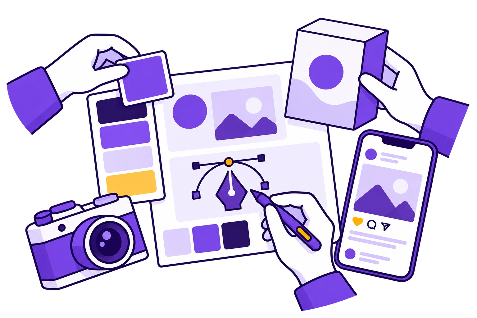 Perangkat kerja tim kreatif untuk merancang identitas visual dan konten