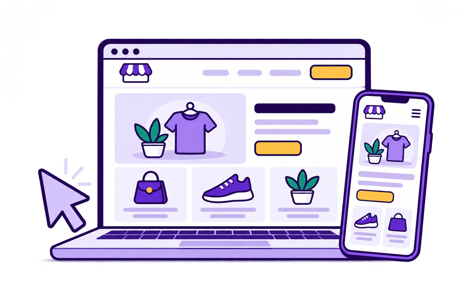Ilustrasi website responsif yang menampilkan katalog di desktop dan ponsel